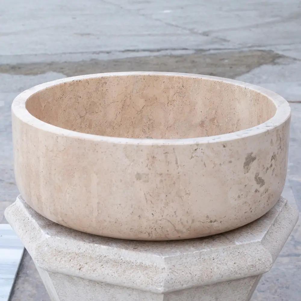Beige Turkish Travertine Natural Stone Vessel Sink - Honed 16 Inch Diameter 6 Inch by GobekDesign