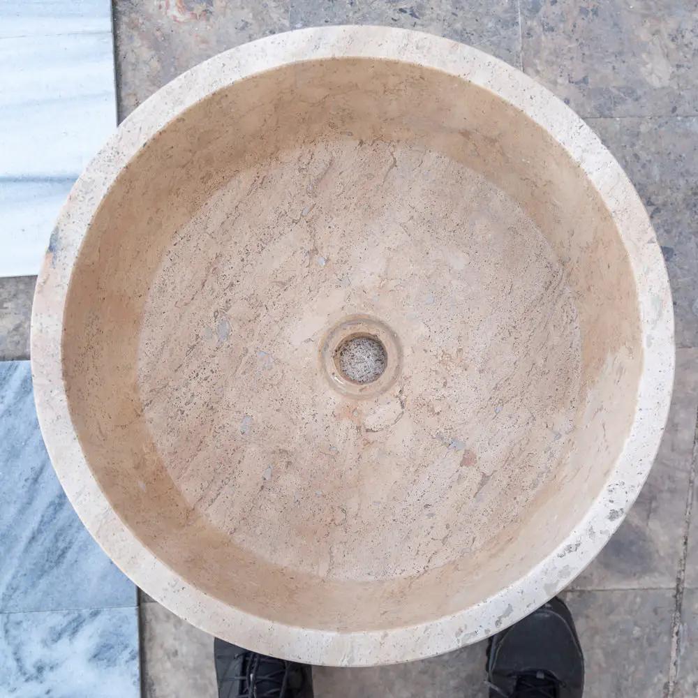 Beige Turkish Travertine Natural Stone Vessel Sink - Honed 16 Inch Diameter 6 Inch by GobekDesign