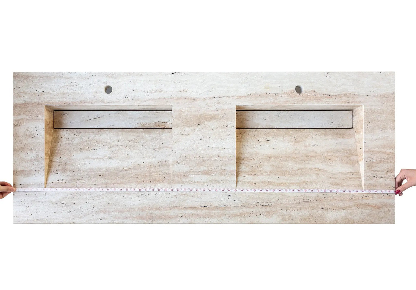 Beige Travertine Vein Cut Double Vanity Bathroom Sink 23 x 60 Turkish Handcrafted by GobekDesign