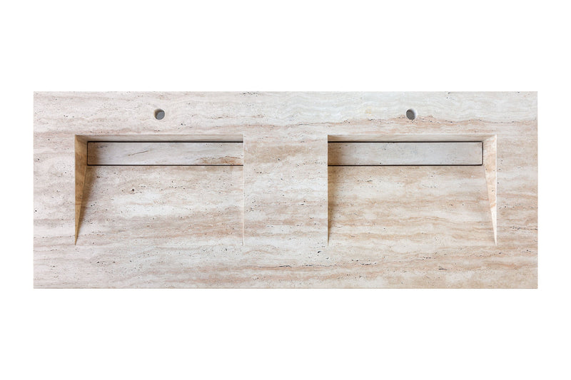 Beige Vein-Cut Travertine Double Bathroom Vanity Top Sink - (W)23" (L)60" (H)5.5" by GobekDesign