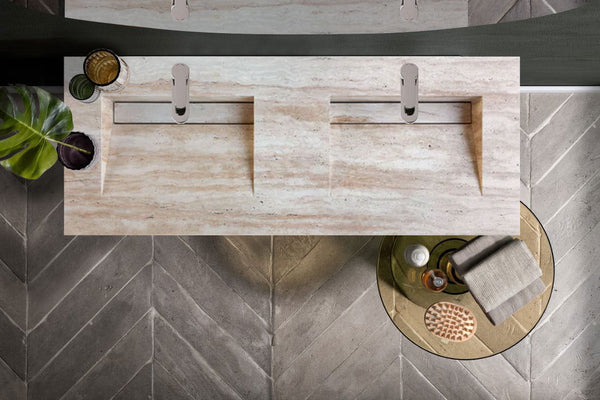 Beige Travertine Vein Cut Double Vanity Bathroom Sink 23 x 60 Turkish Handcrafted