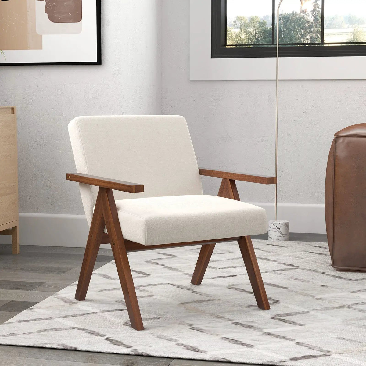 Modern Accent Chair Linen Fabric Armchair with Solid Acacia Wood Frame by DirectDeals