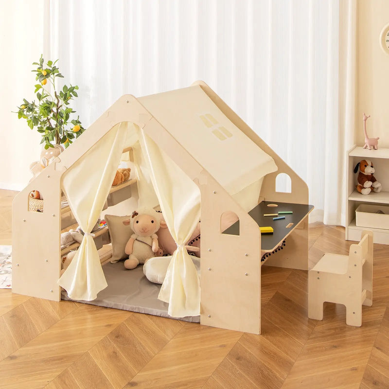 6-in-1 Kids Play Tent Playhouse with Blackboard 6 Storage Bins and Floor Cushion-Beige by DirectDeals