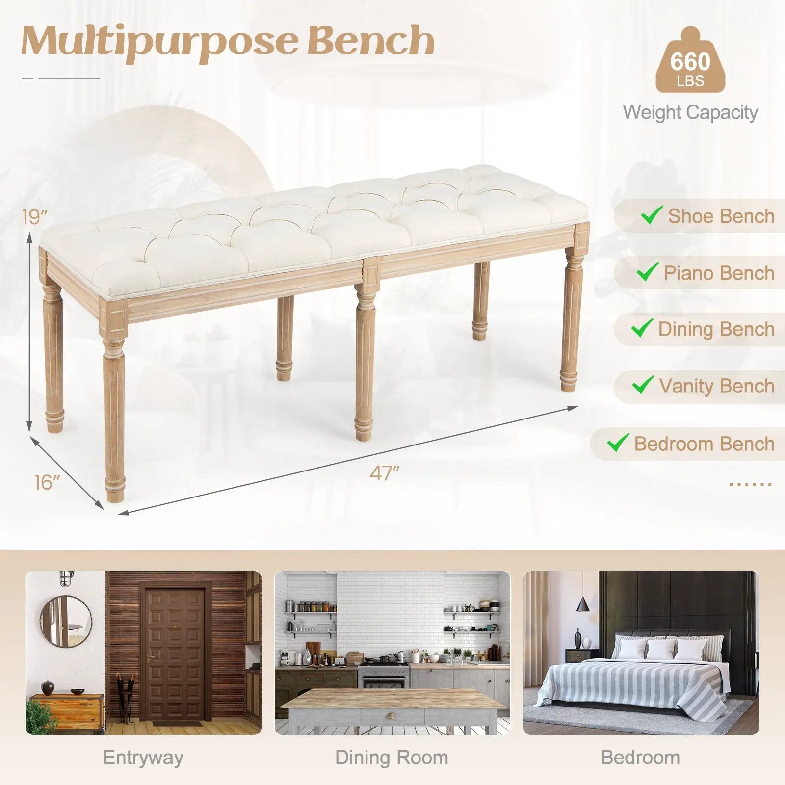 French Vintage Entryway Bench 47 Inch Upholstered Dining Bench by DirectDeals