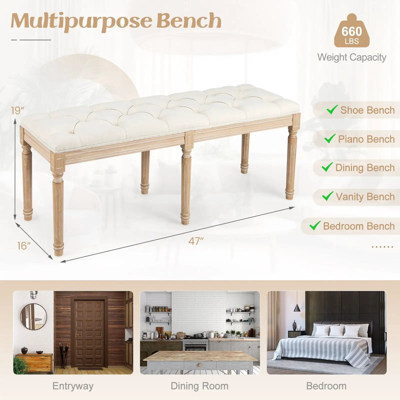 French Vintage Entryway Bench 47 Inch Upholstered Dining Bench by DirectDeals