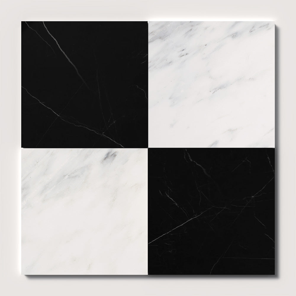 Bella White, Black Polished Checkerboard Pattern Marble Tiles 18x18 Marble Polished 18x18 Tiles