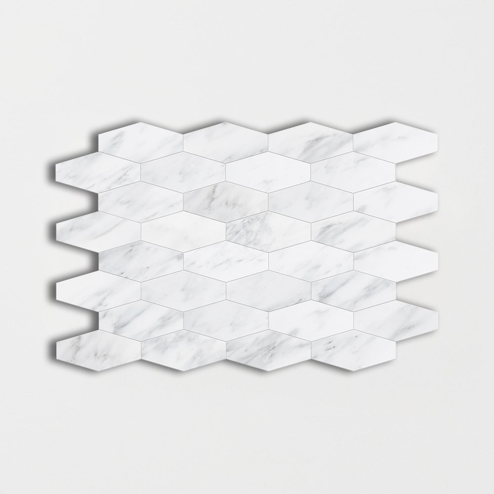 Bella White Honed Elongated Hexagon Marble Mosaics 10x12 1/4 Marble Honed 12x12 Mosaics
