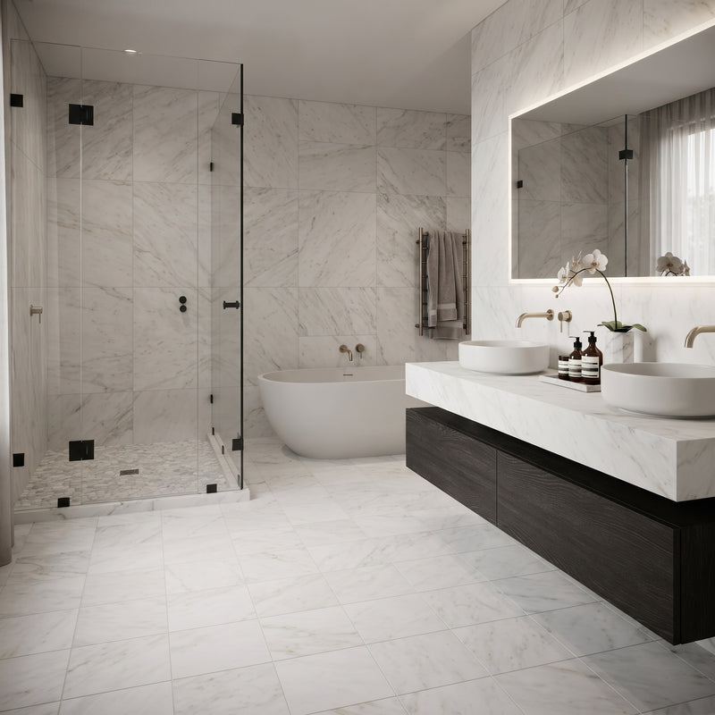 A modern luxury bathroom featuring a large walk-in shower with a glass door, a freestanding bathtub, a double-sink vanity with a long dark wood cabinet and white marble countertop, and a large backlit mirror.