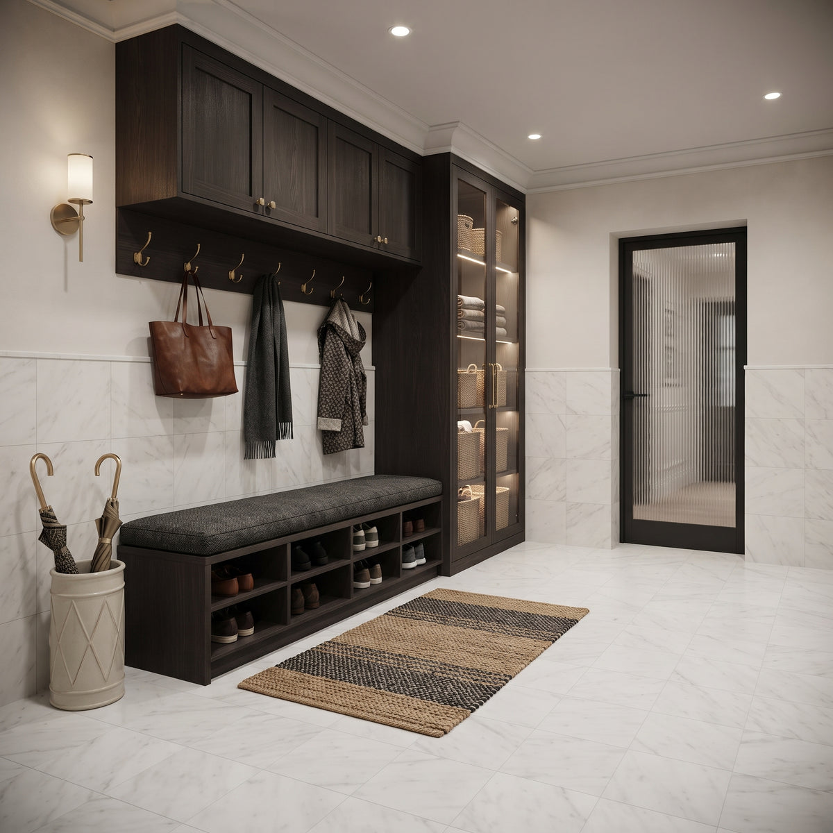 A modern entryway featuring a dark wood mudroom cabinet system with a bench, hanging hooks, a storage shelf, and a striped rug on a light marble floor.