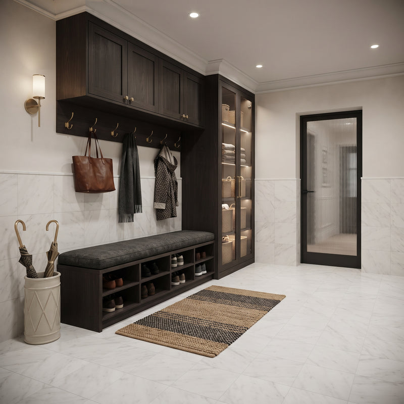 A modern entryway featuring a dark wood mudroom cabinet system with a bench, hanging hooks, a storage shelf, and a striped rug on a light marble floor.