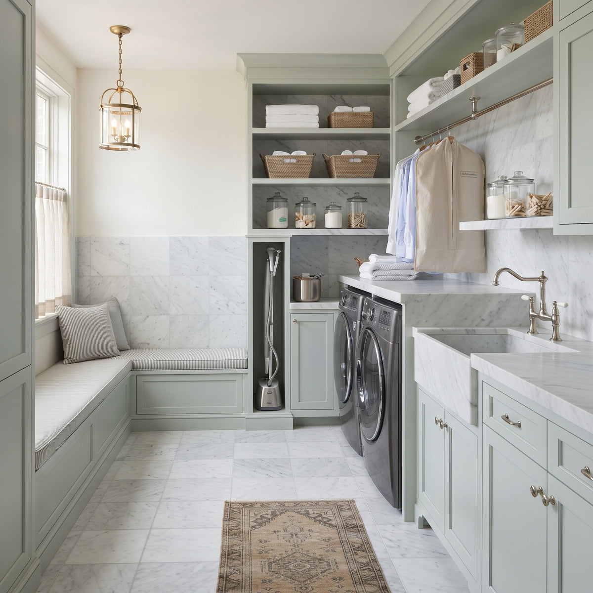 A bright, modern laundry room with sage green cabinetry, marble countertops and backsplash, a built-in window seat with pillows, a brass pendant light, and a patterned rug on a marble tile floor.