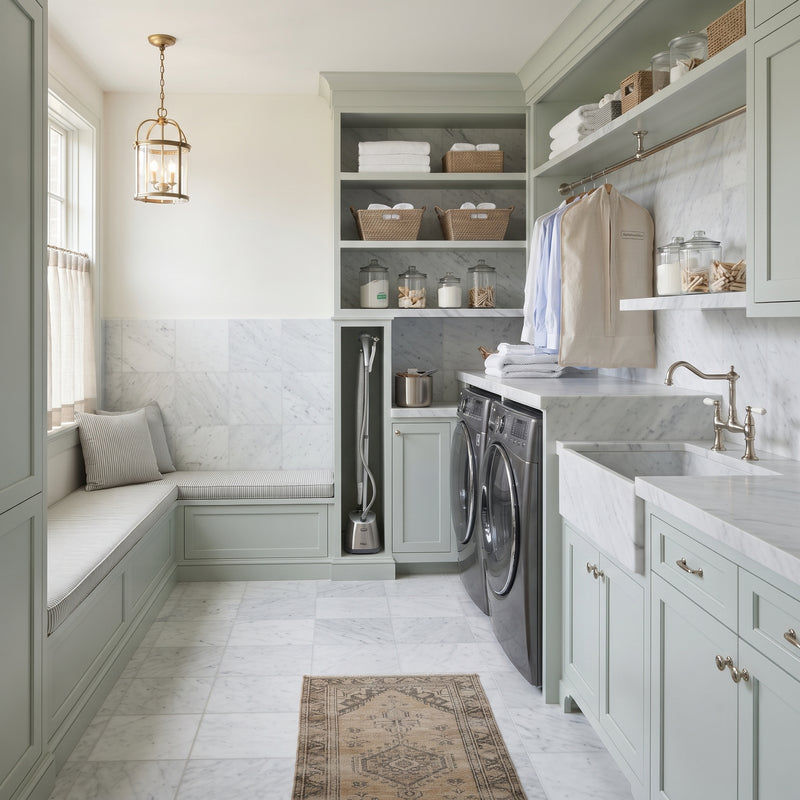A bright, modern laundry room with sage green cabinetry, marble countertops and backsplash, a built-in window seat with pillows, a brass pendant light, and a patterned rug on a marble tile floor.