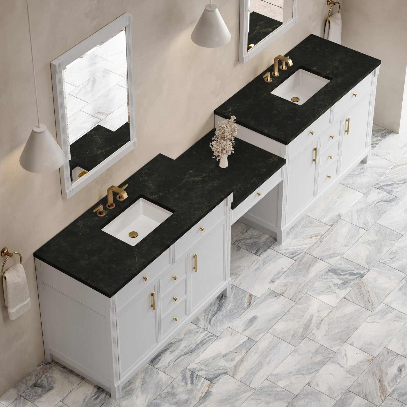 James Martin Bellshire 120" Double Bathroom Vanity, Bright White with Phantome countertop