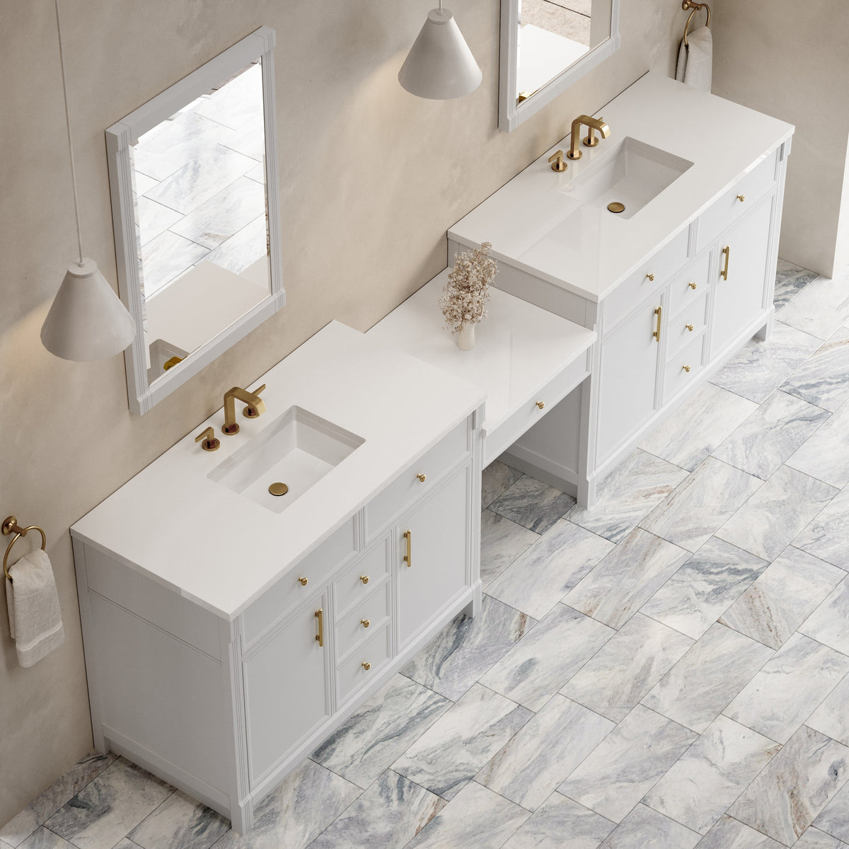 James Martin Bellshire 120" Double Bathroom Vanity, Bright White with White Zeus countertop