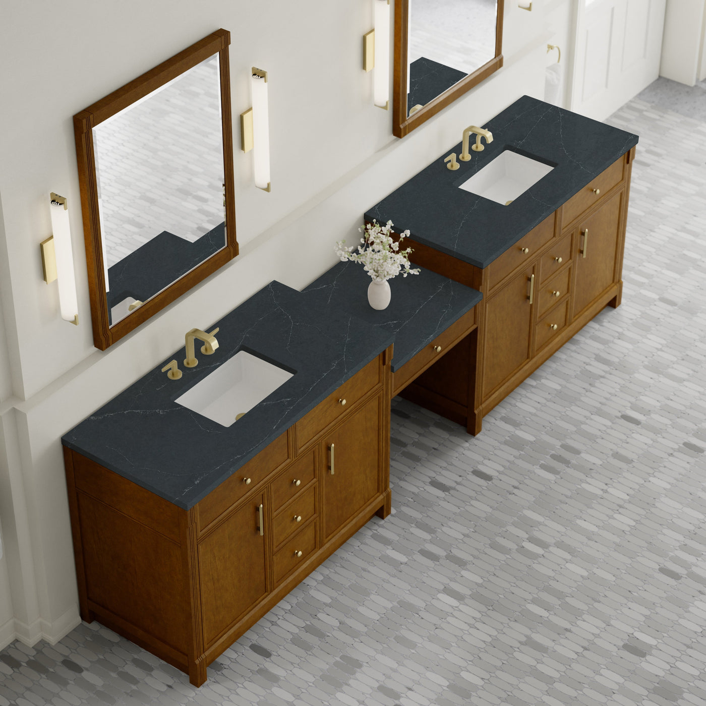 James Martin Bellshire 120" Double Bathroom Vanity, Honey Oak with Charcoal Soapstone countertop