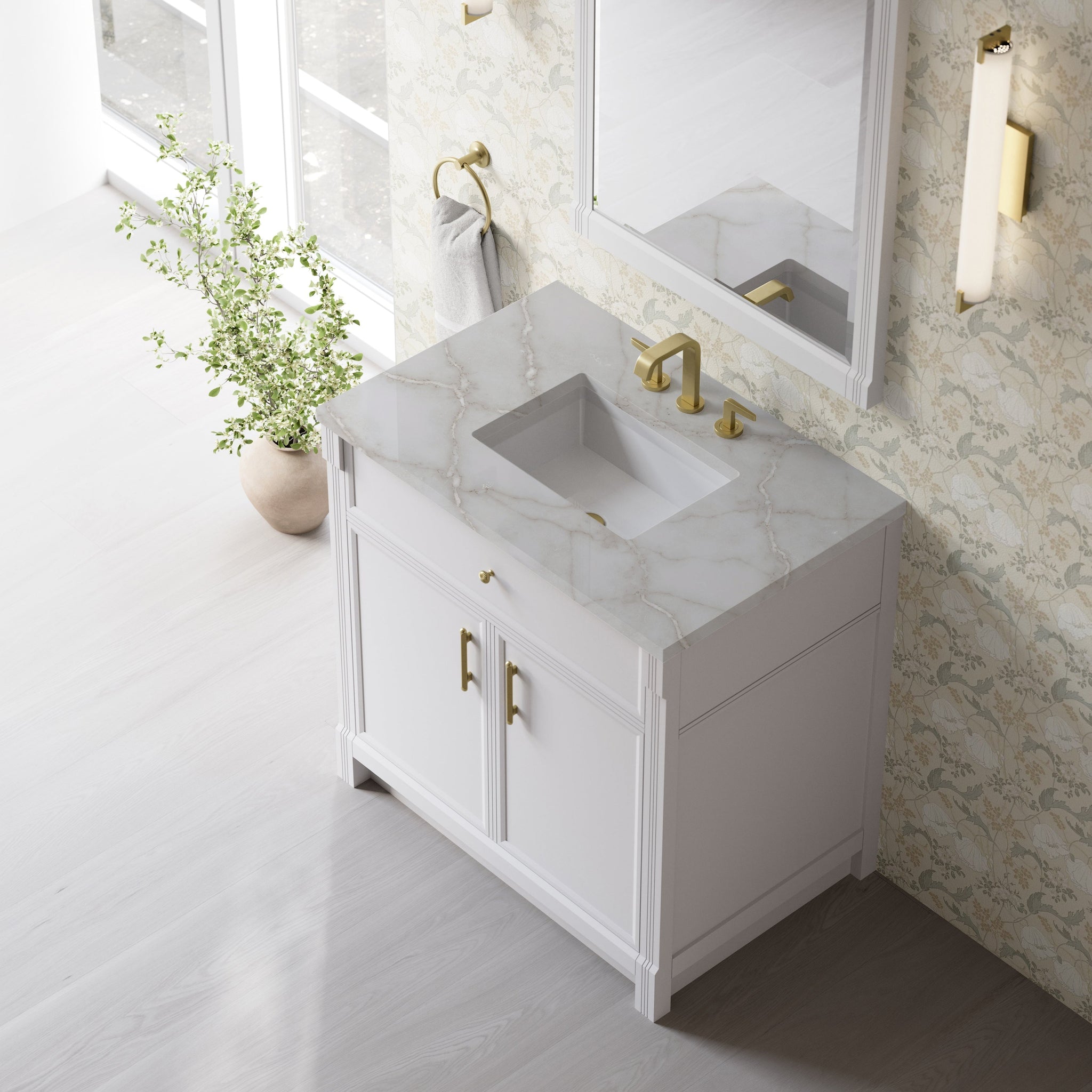James Martin Bellshire 36" Single Bathroom Vanity, Bright White with Siberian countertop