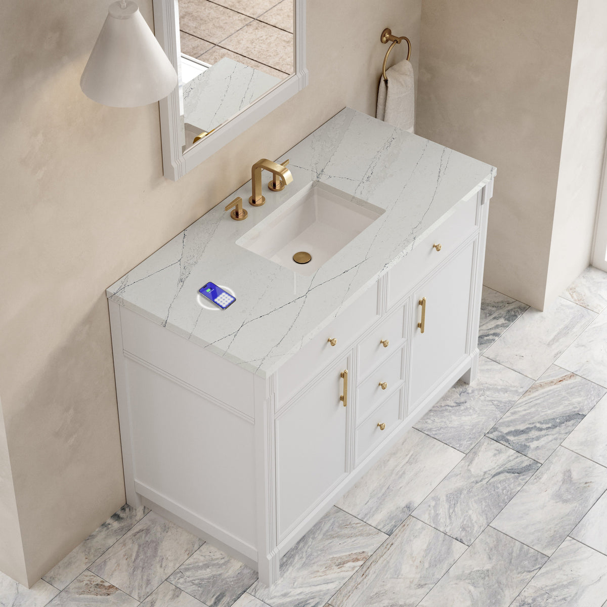 James Martin Bellshire 48" Single Bathroom Vanity, Bright White with Ethereal Noctis (FreePower) countertop