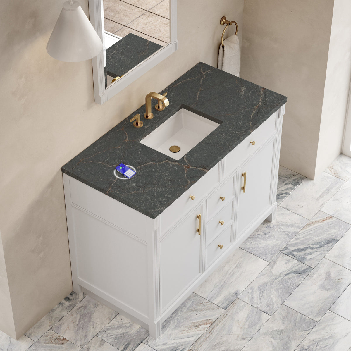 James Martin Bellshire 48" Single Bathroom Vanity, Bright White with Parisien Bleu (FreePower) countertop