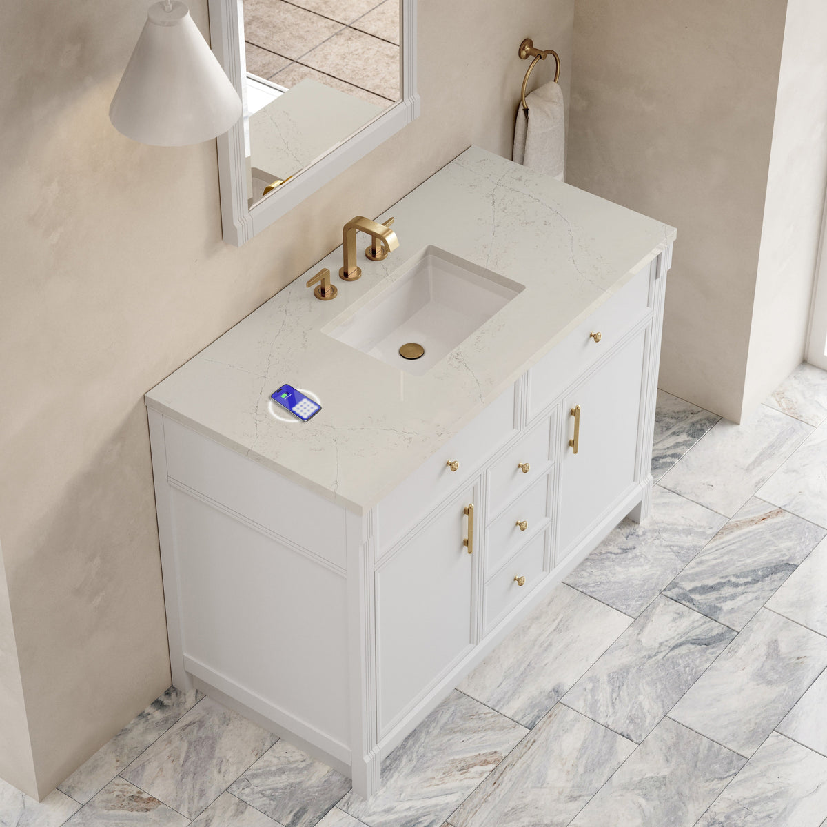 James Martin Bellshire 48" Single Bathroom Vanity, Bright White with Siberian (FreePower) countertop