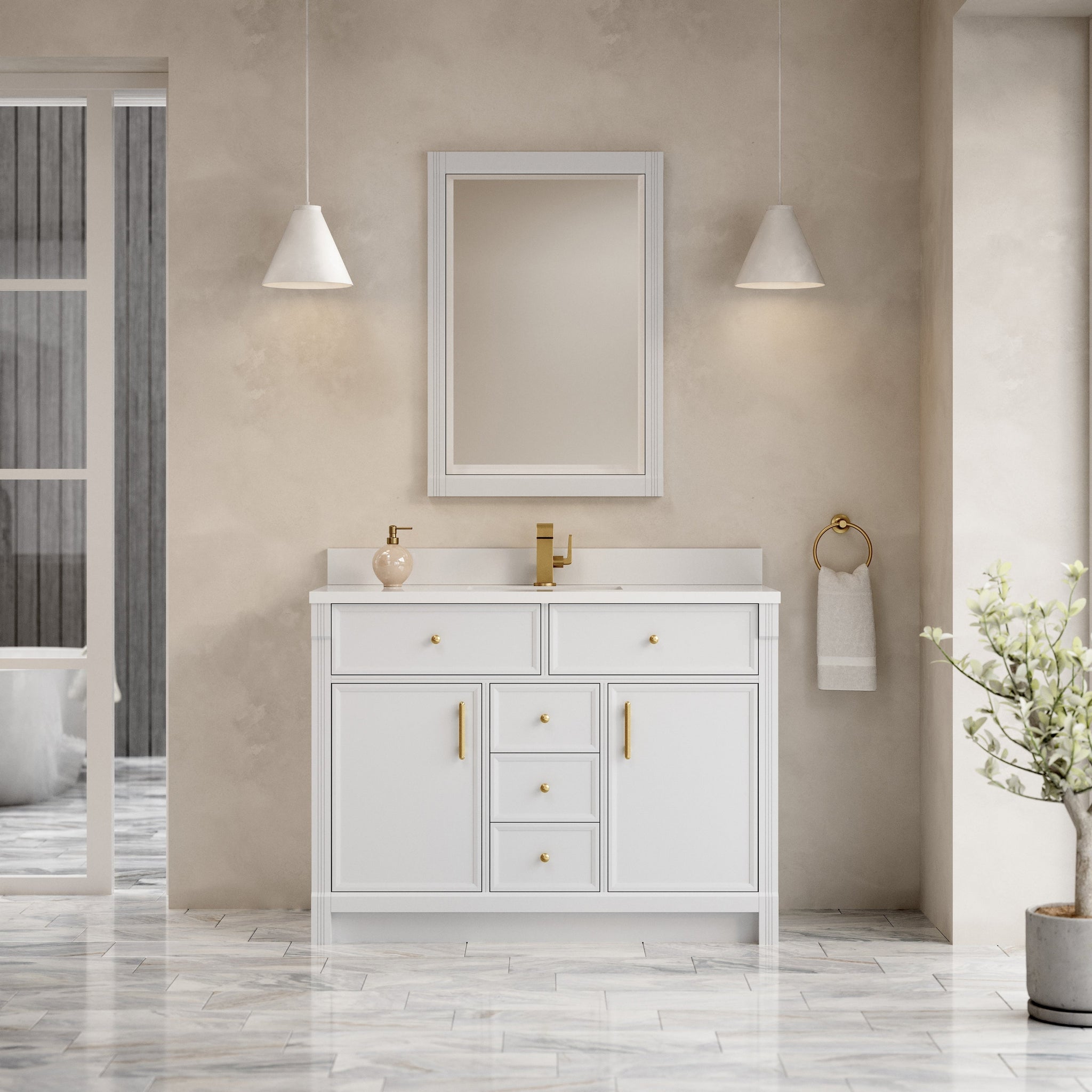 James Martin Bellshire 48" Single Bathroom Vanity, Bright White with White Zeus (Single Hole) countertop