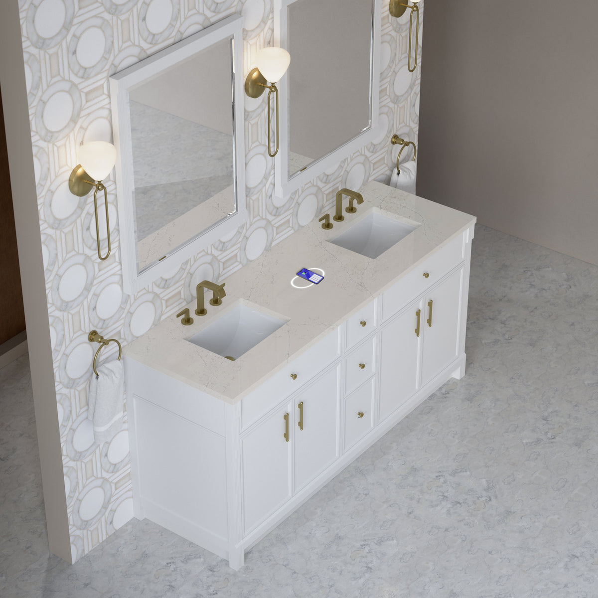 James Martin Bellshire 72" Double Bathroom Vanity, Bright White with Siberian (FreePower) countertop