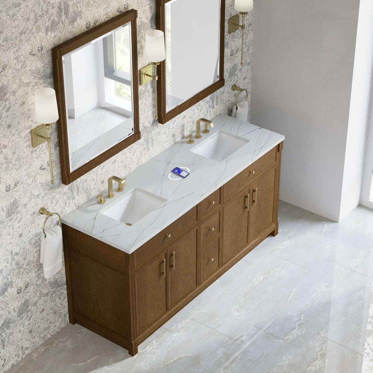 James Martin Bellshire 72" Double Bathroom Vanity, Honey Oak with Ethereal Noctis (FreePower) countertop