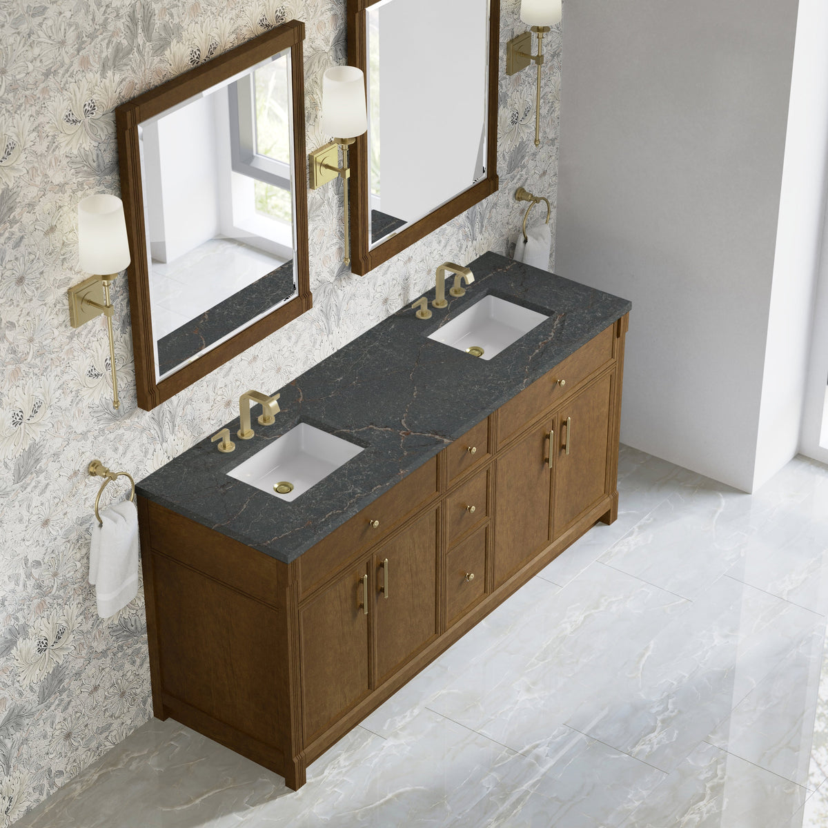 James Martin Bellshire 72" Double Bathroom Vanity, Honey Oak with Parisien Bleu countertop