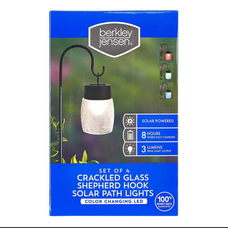 Berkeley Jensen 4 Pack Hanging Solar Lights with Shepherd Hooks, Crackle Glass Ball Design by Outdoor Solar Outlet