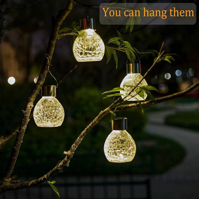 Berkeley Jensen 4 Pack Hanging Solar Lights with Shepherd Hooks, Crackle Glass Ball Design by Outdoor Solar Outlet
