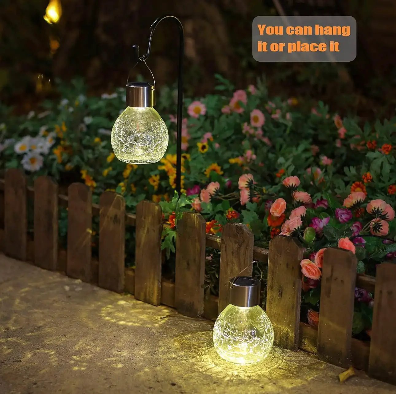 Berkeley Jensen 4 Pack Hanging Solar Lights with Shepherd Hooks, Crackle Glass Ball Design by Outdoor Solar Outlet