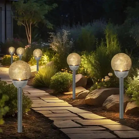 Berkley Jensen Steel Solar Crackle Glass Ball PathWay LED- 8 Pack by Outdoor Solar Outlet