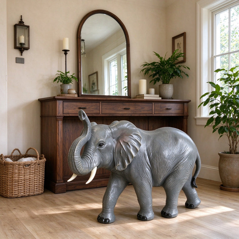 20-Inch Tall Resin Elephant Statue with Raised Trunk, Grey