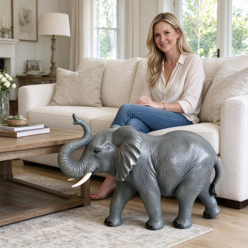 20-Inch Tall Resin Elephant Statue with Raised Trunk, Grey, photo 3 of 10