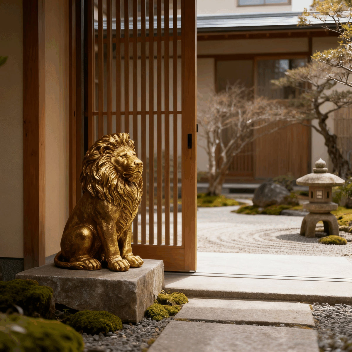 24-Inch Lion Statue, Resin Outdoor Guardian Sculpture, Gold, photo 5 of 10