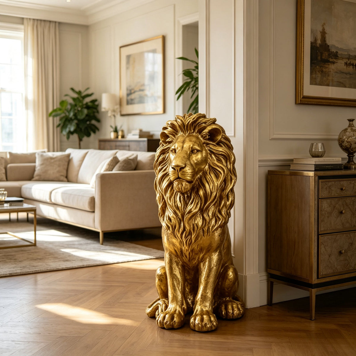 24-Inch Lion Statue, Resin Outdoor Guardian Sculpture, Gold, photo 7 of 10