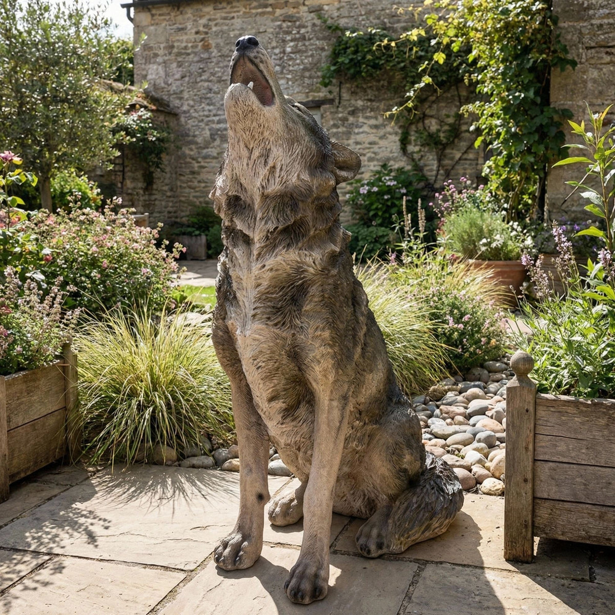 Howling Wolf Garden Statue, 29.72-Inch Tall, Grey Fiberglass