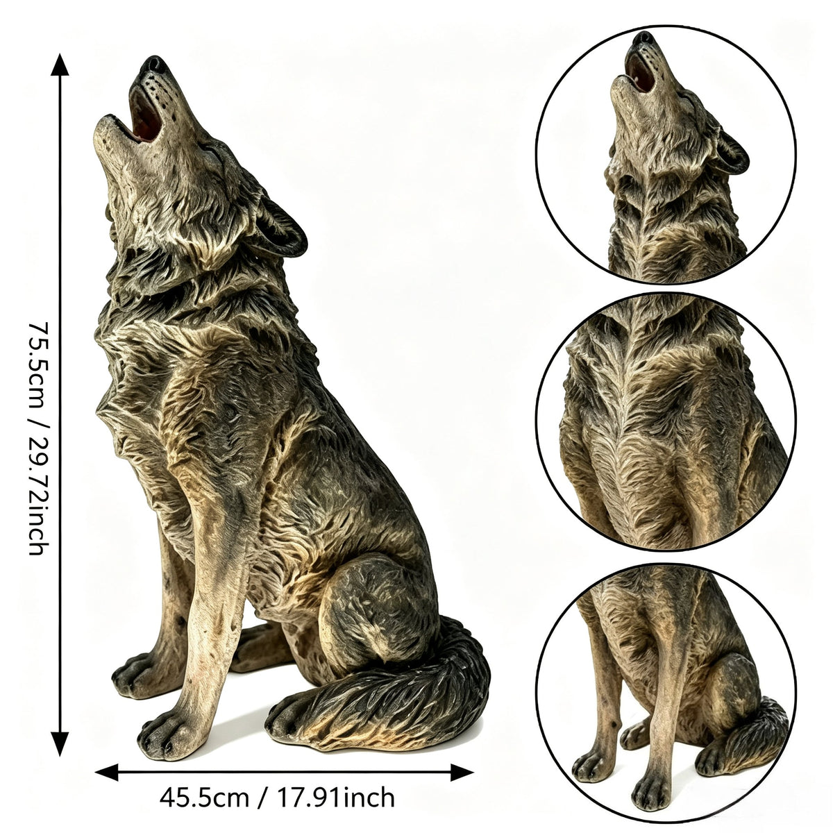 Howling Wolf Garden Statue, 29.72-Inch Tall, Grey Fiberglass, photo 4 of 10