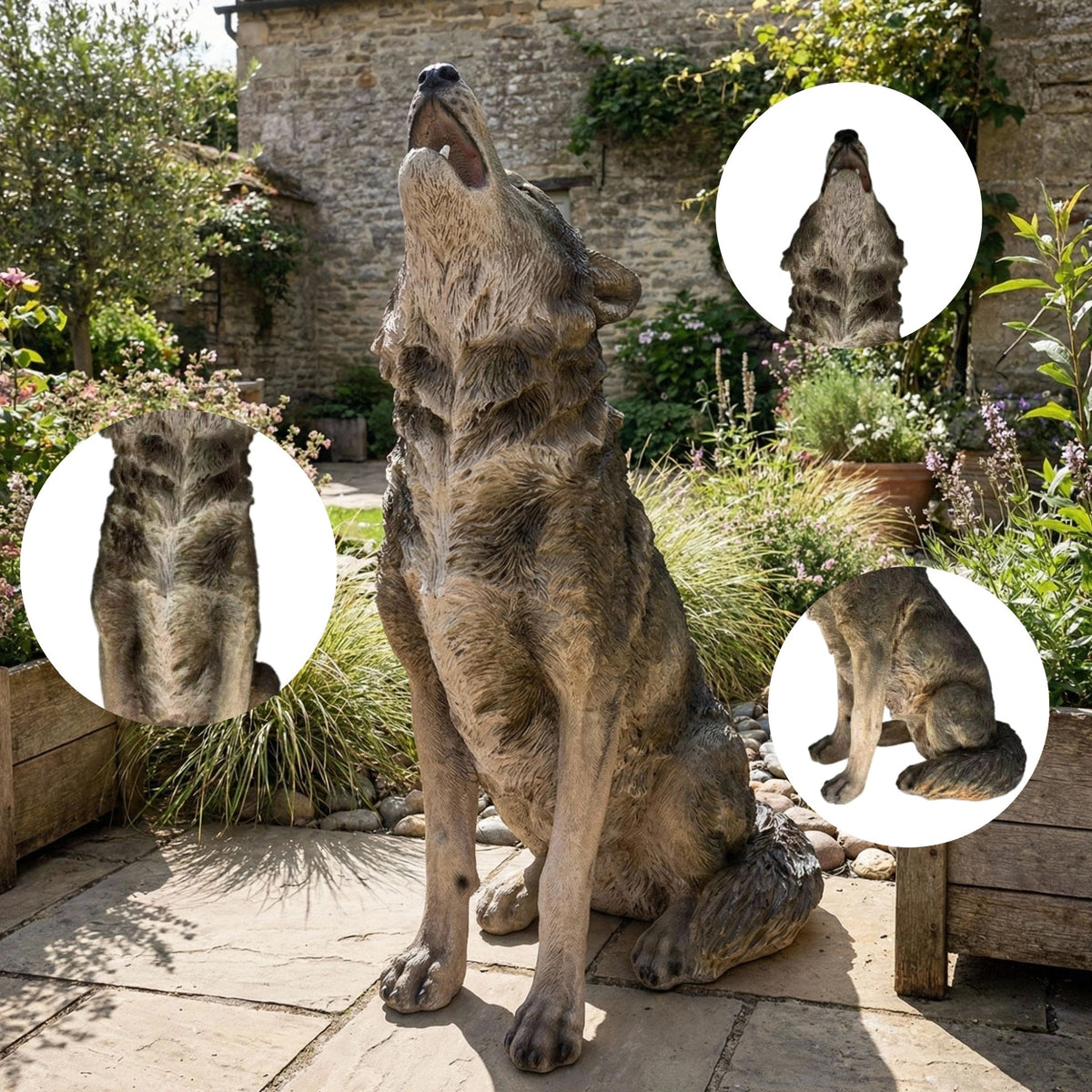 Howling Wolf Garden Statue, 29.72-Inch Tall, Grey Fiberglass, photo 8 of 10