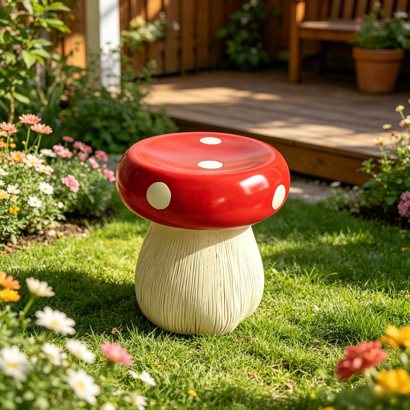 Mushroom Statue Stool, 13-Inch Red Resin Garden Seat with Forest Base, photo 10 of 10