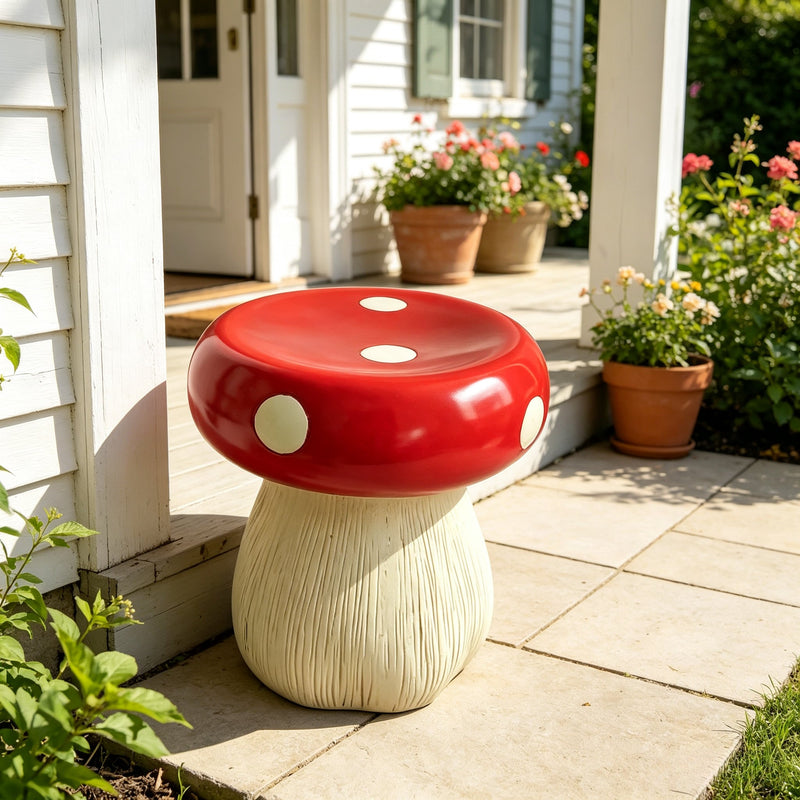 Mushroom Statue Stool, 13-Inch Red Resin Garden Seat with Forest Base, photo 2 of 10