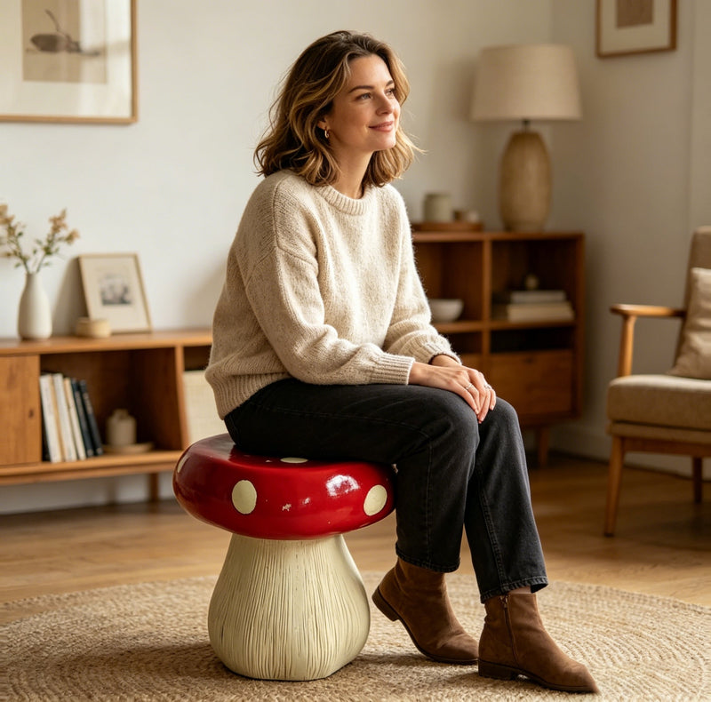 Mushroom Statue Stool, 13-Inch Red Resin Garden Seat with Forest Base, photo 5 of 10