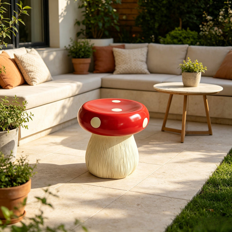 Mushroom Statue Stool, 13-Inch Red Resin Garden Seat with Forest Base, photo 6 of 10