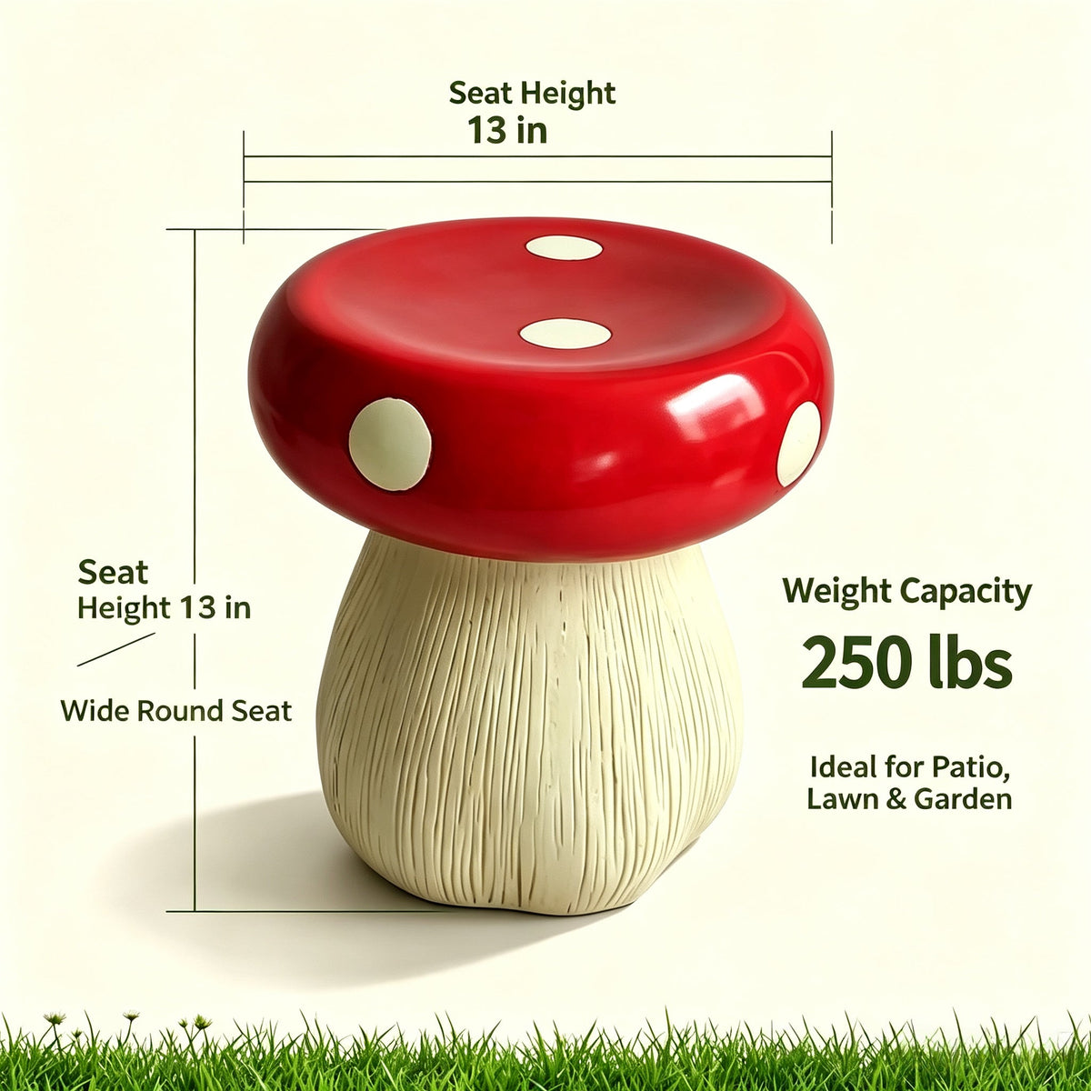 Mushroom Statue Stool, 13-Inch Red Resin Garden Seat with Forest Base, photo 7 of 10