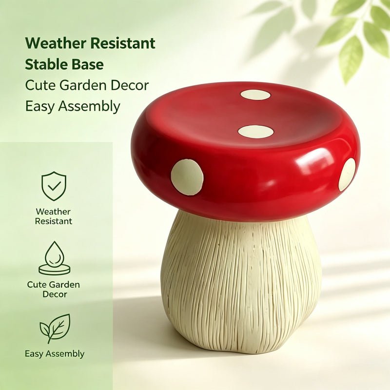 Mushroom Statue Stool, 13-Inch Red Resin Garden Seat with Forest Base, photo 8 of 10
