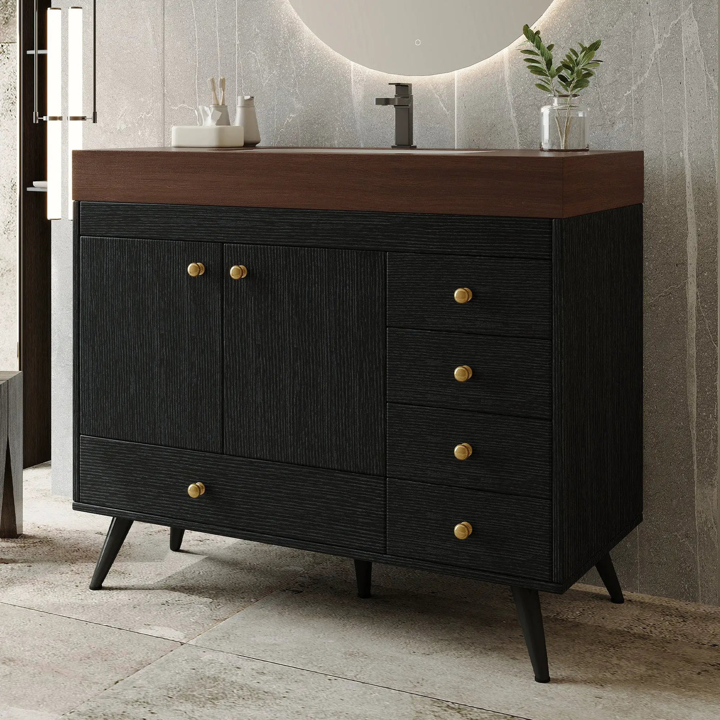 36" Freestanding Bathroom Vanity with Faux Marble Top, Ceramic Sink, 5 Drawers & Stainless Steel Legs by HouseOfZazla