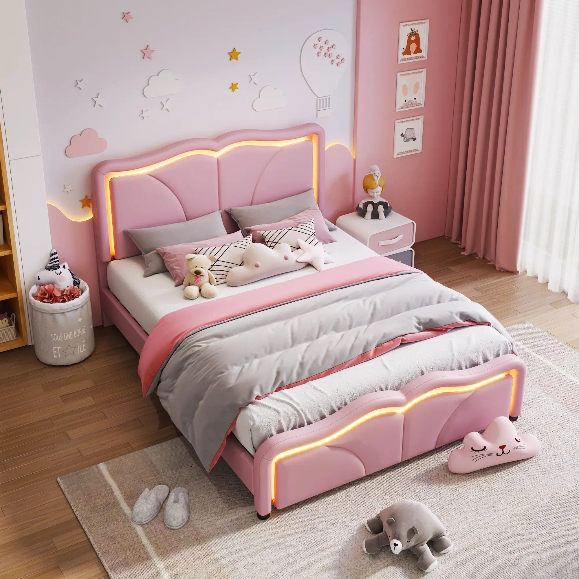 Upholstered Platform Bed & Curve Shaped And Height Adjustable Headboard, LED Light Strips by HouseOfZazla