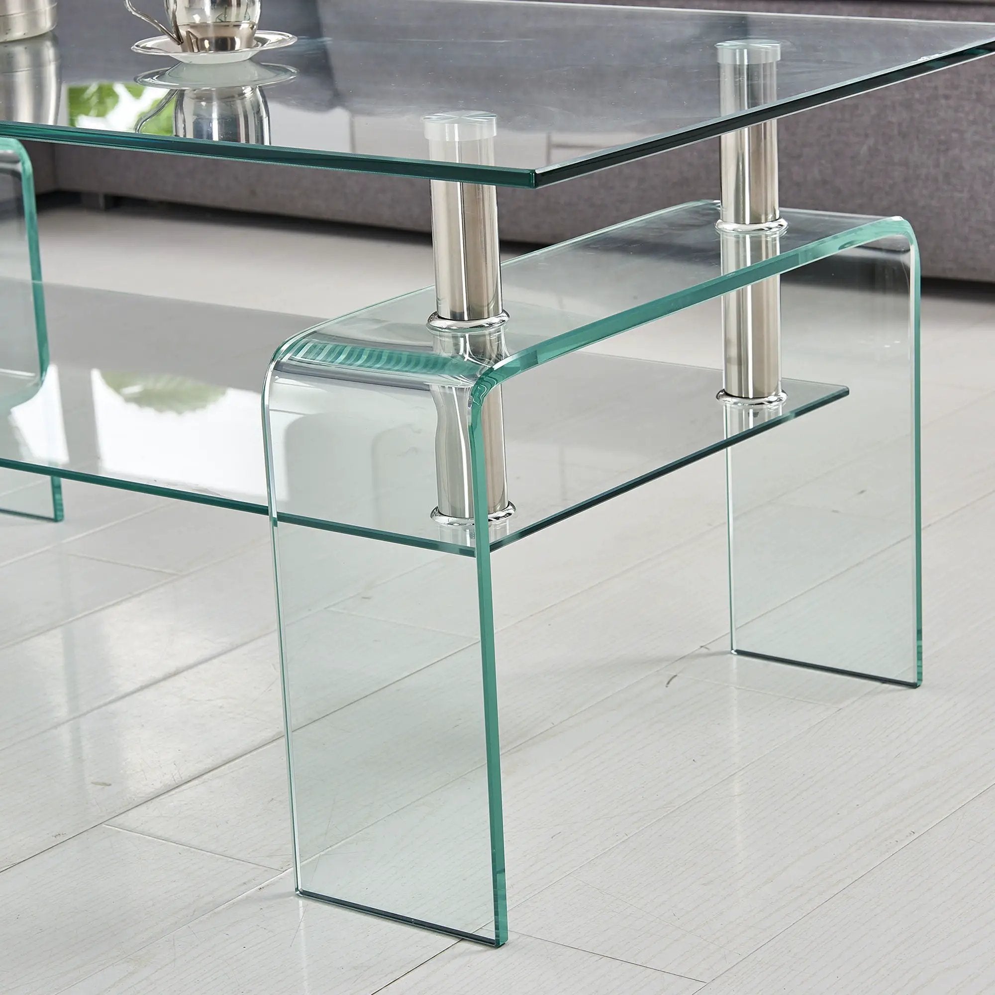 Modern Tempered Glass Coffee Table With 2 Tier Storage For Living Room by HouseOfZazla