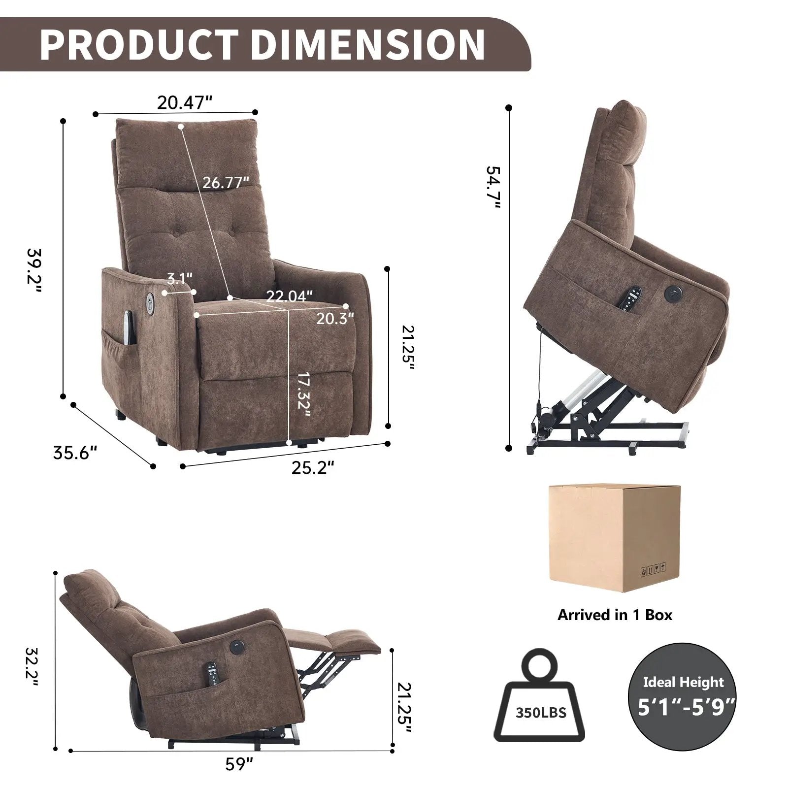 Brown Chenille Single Motor Power Lift Recliner Chair by HouseOfZazla