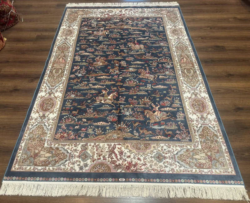 Turkish Silk Rug 5x8, Hunting Design, Animal Pictorials, Steel Blue & Ivory, Bamboo Silk by Jewel Rugs