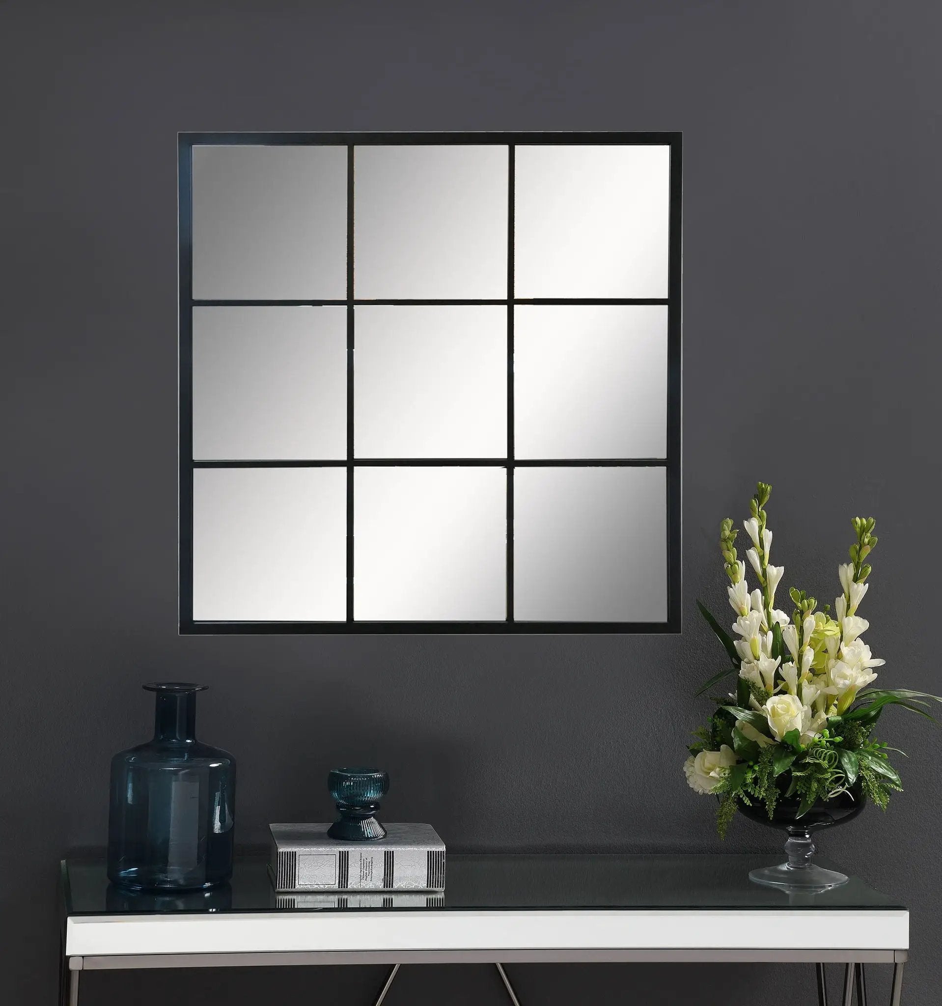 Quetzal 35 x 35 Inch Square Window Pane Wall Mirror Black by Unique Piece Furniture